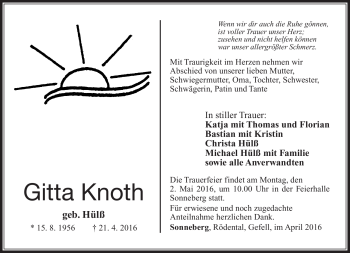 Traueranzeige von Gitta Knoth von Südthüringer Presse