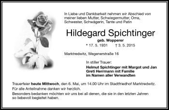 Traueranzeige von Hildegard Spichtinger von Frankenpost