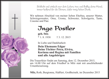 Traueranzeige von Inge Postler von Südthüringer Presse