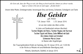 Traueranzeige von Ilse Geisler von Südthüringer Presse