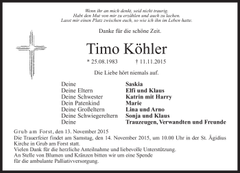 Traueranzeige von Timo Köhler von Neue Presse Coburg