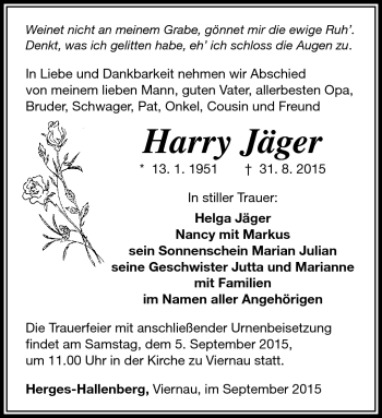 Traueranzeige von Harry Jäger von Südthüringer Presse