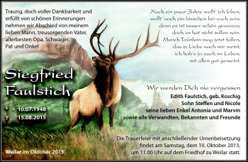 Traueranzeige von Siegfried Faulstich von Südthüringer Presse