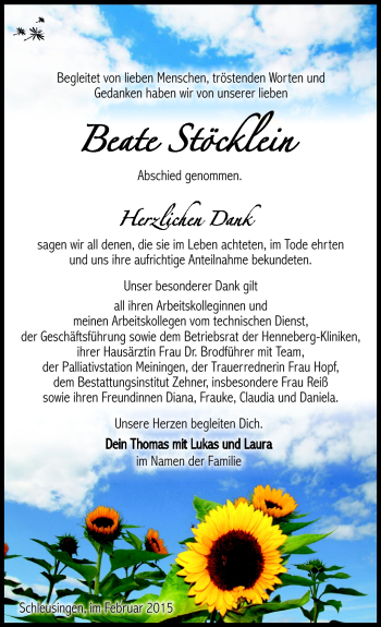 Traueranzeige von Beate Stöcklein von Südthüringer Presse