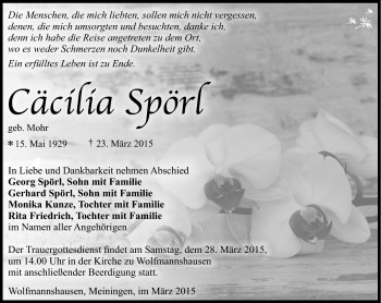 Traueranzeige von cäcilia Spörl von Südthüringer Presse