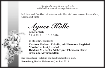 Traueranzeige von Agnes Kölle von Südthüringer Presse