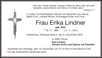 Traueranzeige von Erika Lindner von Frankenpost