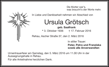 Traueranzeige von Ursula Grötsch von Frankenpost