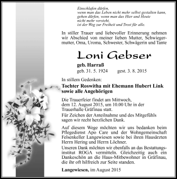 Traueranzeige von Loni Gebser von Südthüringer Presse