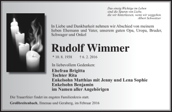 Traueranzeige von Rudolf Wimmer von Südthüringer Presse