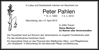 Traueranzeige von Peter Pahlen von Frankenpost