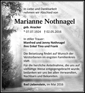 Traueranzeige von Marianne Nothnagel von Südthüringer Presse