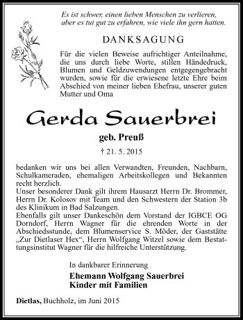 Traueranzeige von Gerda Sauerbrei von Südthüringer Presse