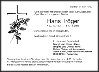 Traueranzeige von Hans Tröger von Frankenpost