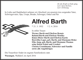 Traueranzeige von Alfred Barth von Südthüringer Presse
