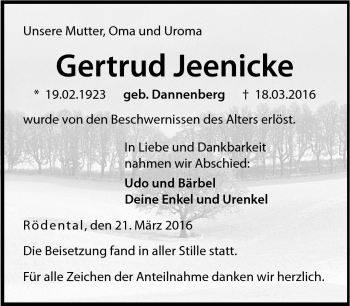 Traueranzeige von Gertrud Jeenicke von Neue Presse Coburg