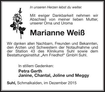 Traueranzeige von Marianne Weiß von Südthüringer Presse