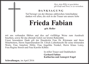 Traueranzeige von Frieda Fabian von Südthüringer Presse