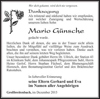 Traueranzeige von Mario Günsche von Südthüringer Presse