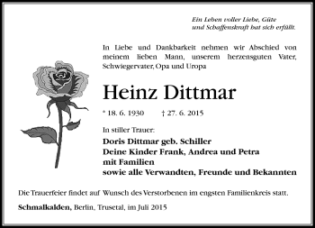 Traueranzeige von Heinz Dittmar von Südthüringer Presse