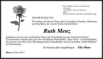 Traueranzeige von Ruth Menz von Südthüringer Presse
