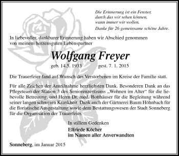 Traueranzeige von Wolfgang Freyer von Südthüringer Presse