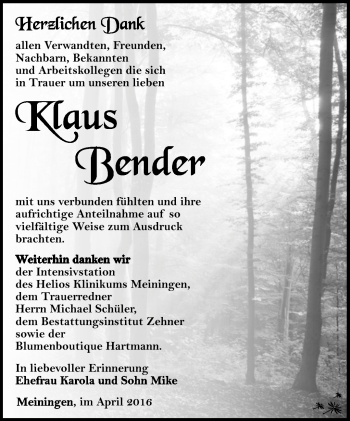 Traueranzeige von Klaus Bender von Südthüringer Presse