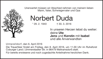 Traueranzeige von Norbert Duda von Neue Presse Coburg