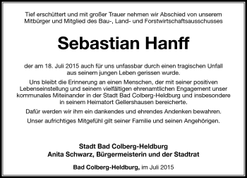 Traueranzeige von Sebastian Hanff von Südthüringer Presse