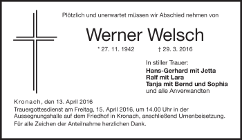 Traueranzeige von Werner Welsch von Neue Presse Coburg