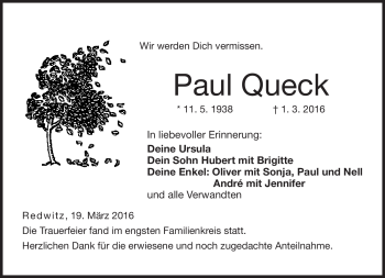 Traueranzeige von Paul Queck von Neue Presse Coburg