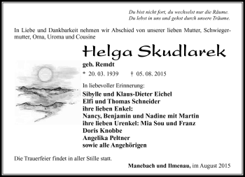 Traueranzeige von Helga Skutlarek von Südthüringer Presse