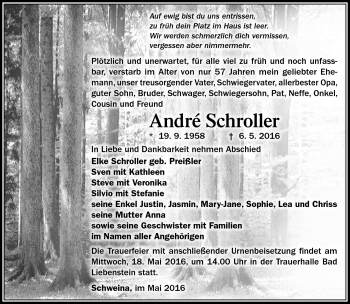 Traueranzeige von André Schroller von Südthüringer Presse
