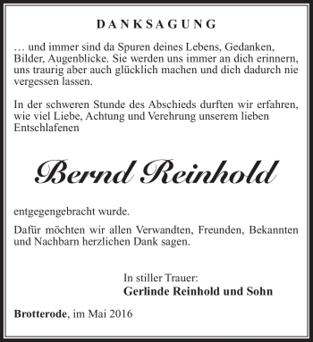 Traueranzeige von Bernd Reicnhold von Südthüringer Presse