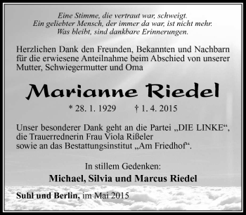 Traueranzeige von Marianne Riedel von Südthüringer Presse