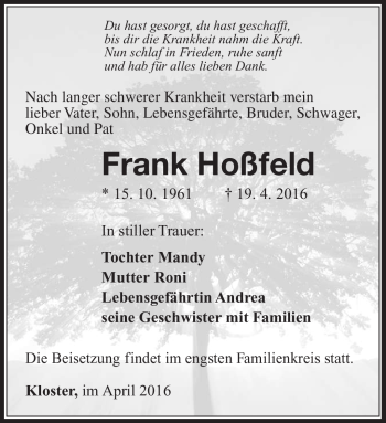Traueranzeige von Frank Hoßfeld von Südthüringer Presse