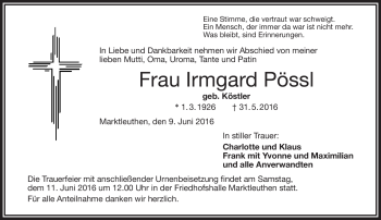 Traueranzeige von Irmgard Pössl von Frankenpost