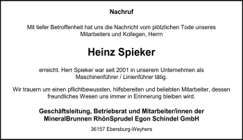 Traueranzeige von Heinz Spieker von Südthüringer Presse