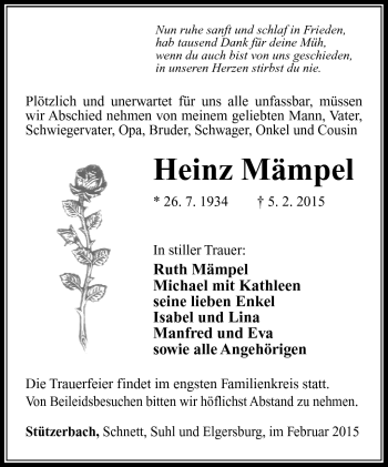 Traueranzeige von Heinz Mämpel von Südthüringer Presse