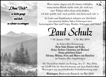 Traueranzeige von Paul Schulz von Südthüringer Presse