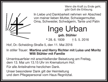 Traueranzeige von Inge Urban von Frankenpost