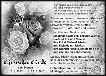 Traueranzeige von Gerda Eck von Südthüringer Presse