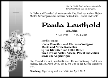 Traueranzeige von Paula Leuthold von Südthüringer Presse