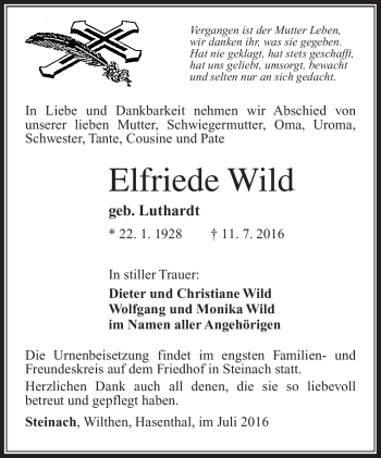 Traueranzeige von Elfriede Wild von Südthüringer Presse