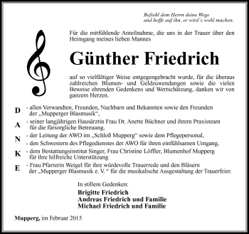Traueranzeige von Günther Friedrich von Südthüringer Presse