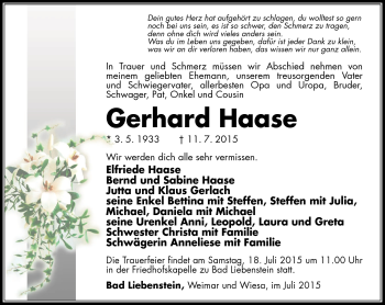 Traueranzeige von Gerhard Haase von Südthüringer Presse