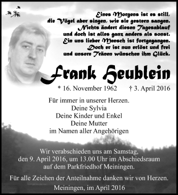 Traueranzeige von Frank Heublein von Südthüringer Presse
