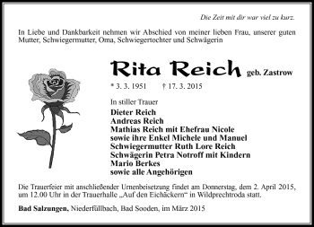 Traueranzeige von Rita Reich von Südthüringer Presse