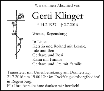 Traueranzeige von Gerti Klinger von Frankenpost