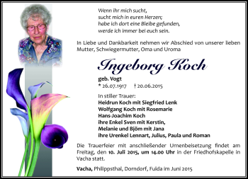 Traueranzeige von Ingeoborg Koch von Südthüringer Presse